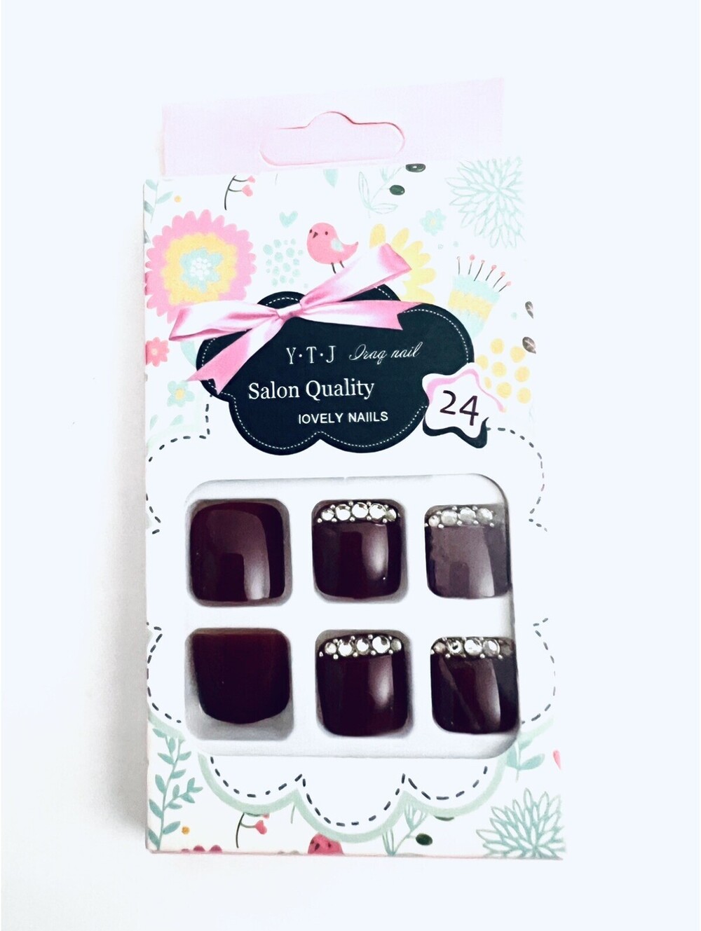 Y-T-J 24pc Burgundy Rhinestone Press-On Toenails Short Square New in Box
